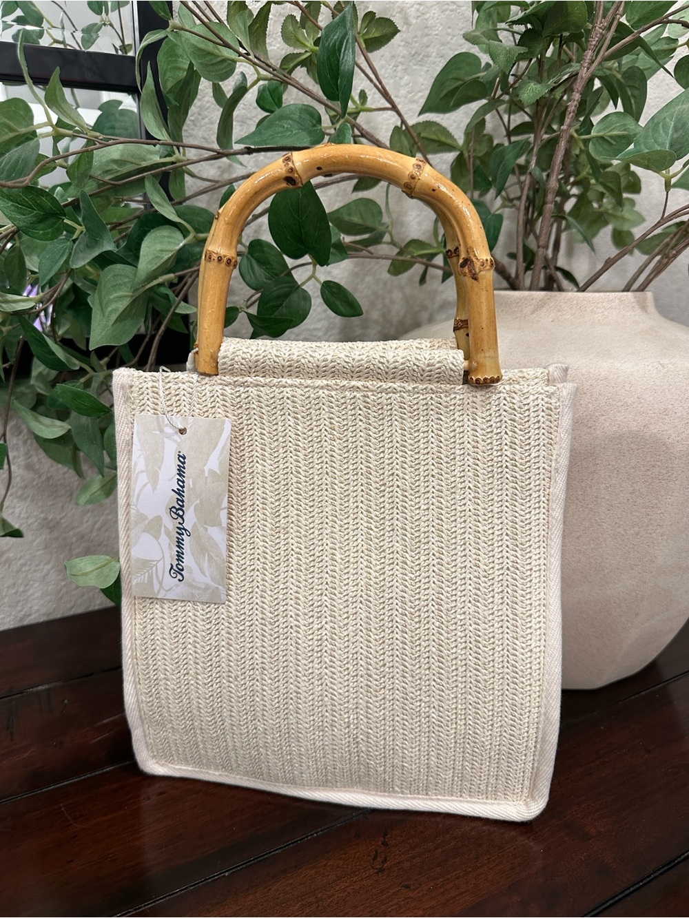 Tommy Bahama Cream Woven Tote with Bamboo Accent Handles